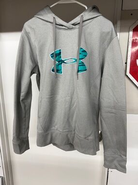 Under Armour Light Gray Hoodie with Teal Camo Logo